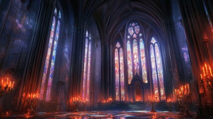 Fototapeta premium Gothic cathedral interior with tall stained glass windows and flickering candles