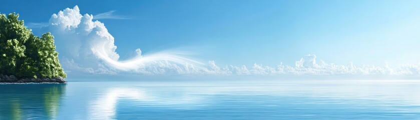 Serene ocean view with calm waters and lush greenery under a bright blue sky.