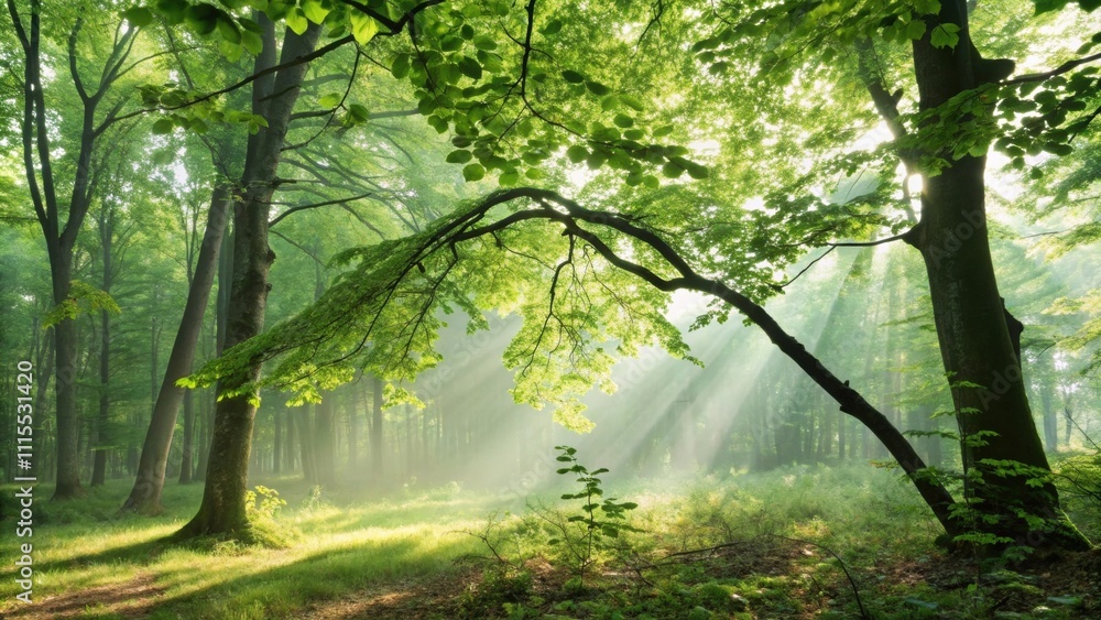 Poster a serene forest scene depicting sunlight streaming through lush green leaves creating dappled patter