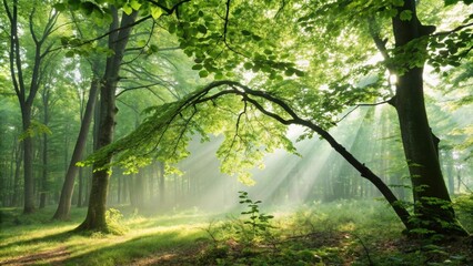 Obraz premium A serene forest scene depicting sunlight streaming through lush green leaves creating dappled patterns on the forest floor while a gentle breeze moves the branches.