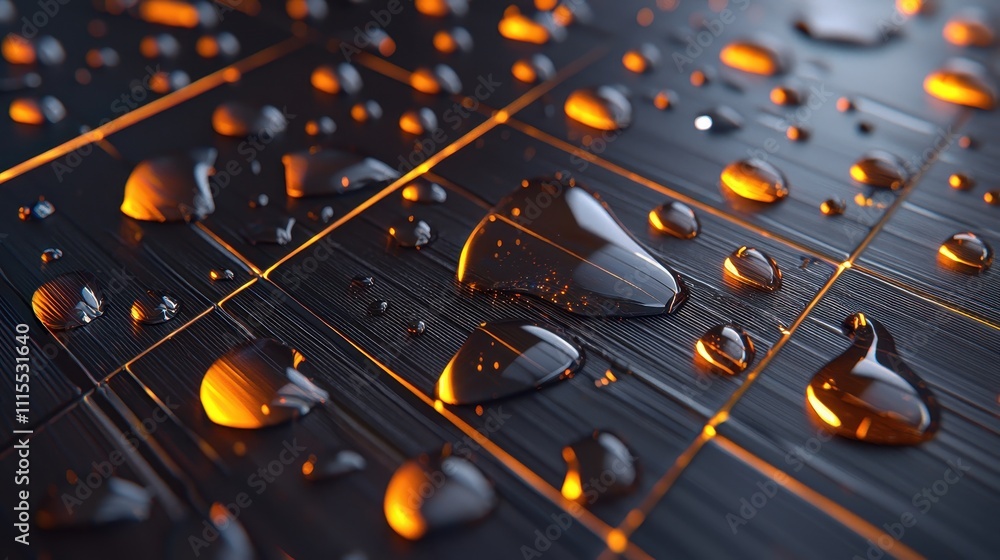 Aufkleber Close-Up of Raindrops on Dark Surface with Glossy Texture and Light