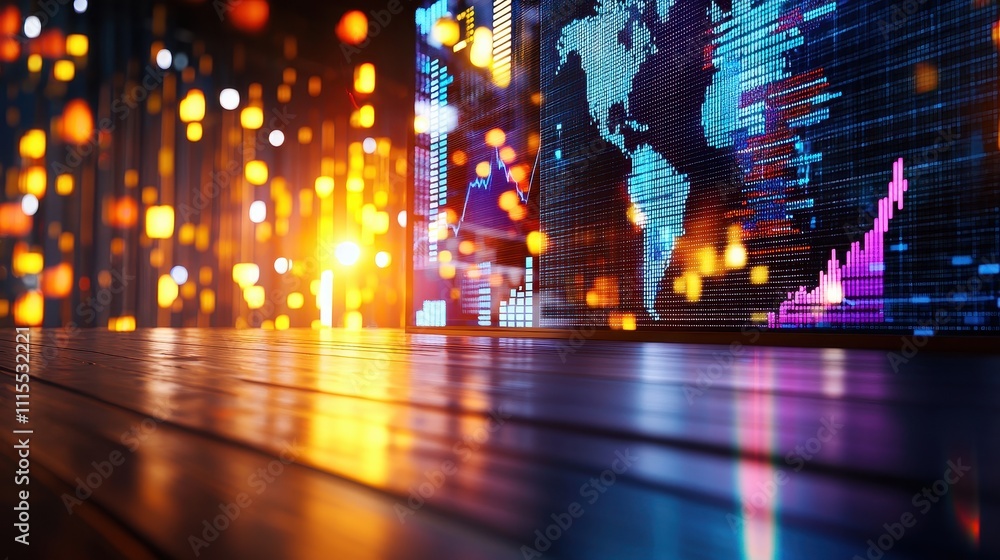 Fototapete Dynamic Business Environment with Global Map and Data Visualization
