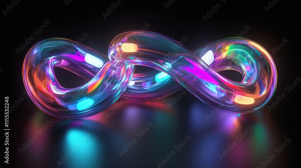 Poster futuristic transparent material with colorful light refraction in a unique looping shape