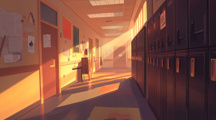 Fototapeta premium Empty school hallway, a silent testament to the passage of time and the fleeting nature of youth, where memories of laughter and learning linger in the air, waiting to be rediscovered.