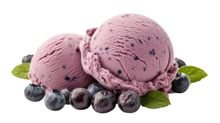 Two vibrant scoops of blueberry ice cream sit atop a cluster of fresh blueberries and fragrant mint leaves, creating a refreshing summer dessert ideal for warm days and sweet cravings
