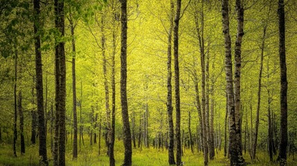 Obraz premium A serene forest scene with vibrant green foliage and tall trees.