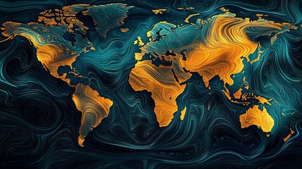 Obraz premium A stylized world map with swirling patterns in blue and gold hues.