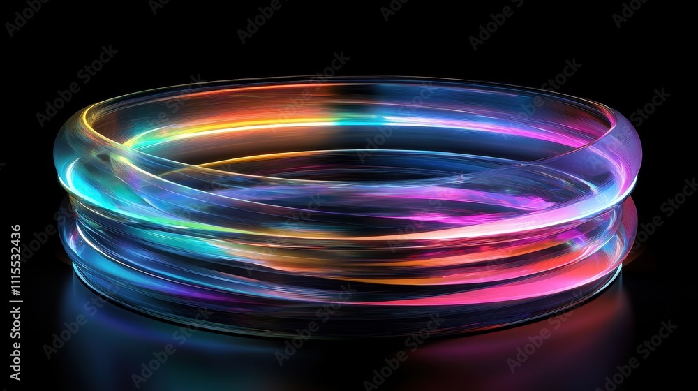 Poster futuristic transparent loops with light refraction in a dark background