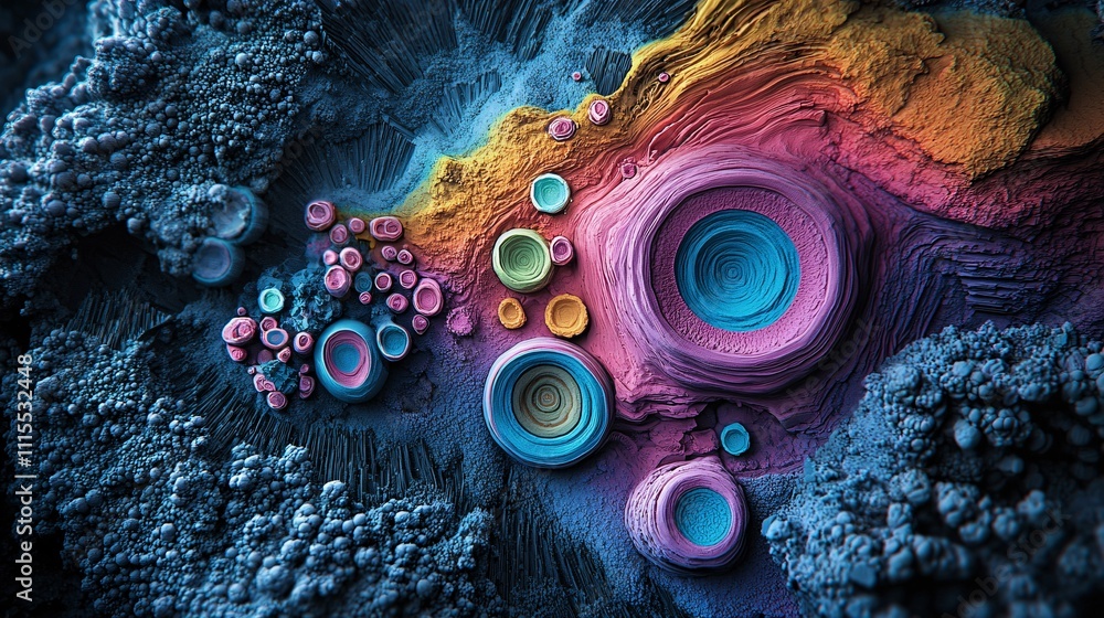 Poster a vibrant collection of crystal structures displayed under a microscope, showcasing their intricate 