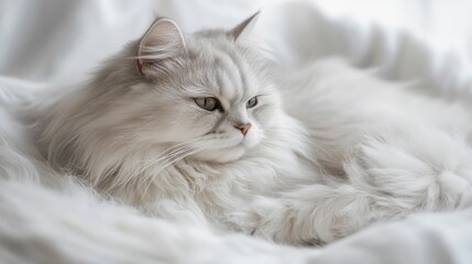 Fototapeta premium Captivating portrait of a majestic fluffy white and grey cat against a pristine minimalist white backdrop