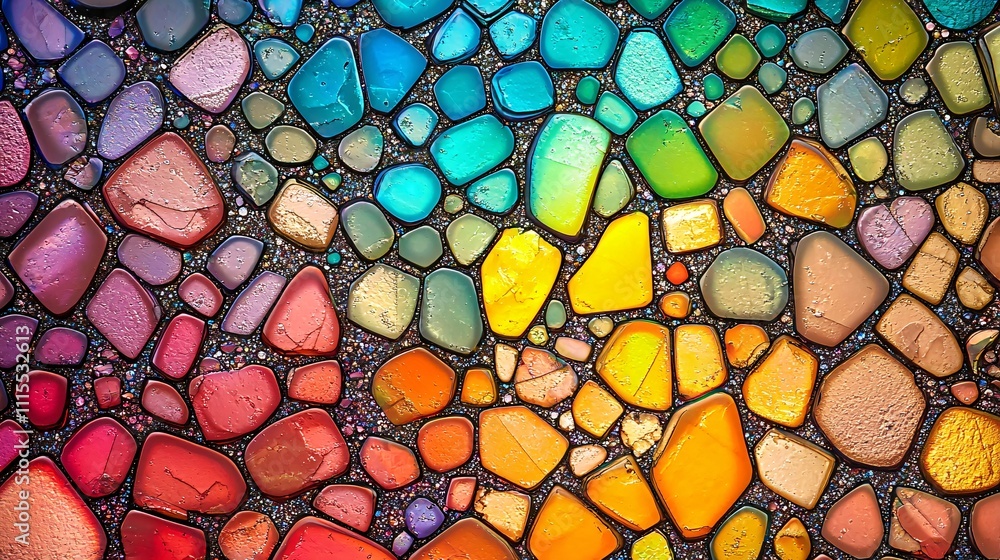 Poster a vibrant collection of crystal structures displayed under a microscope, showcasing their intricate 