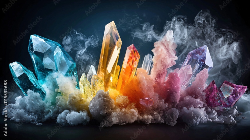 Poster a vibrant collection of crystal structures displayed under a microscope, showcasing their intricate 