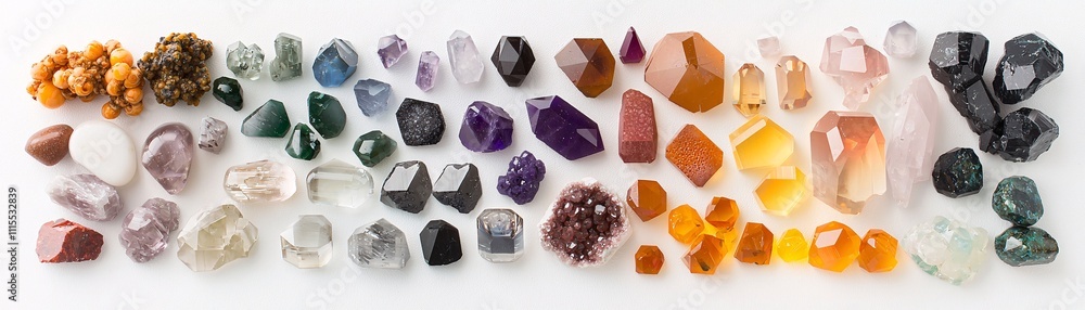 Poster diverse types of crystals arranged in a gradient to depict their varying properties and applications