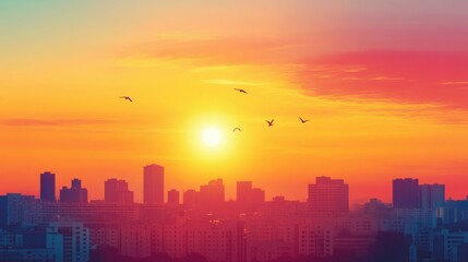 Fototapeta premium Grand sunset sky bursting with vibrant colors, with silhouettes of city rooftops, birds flying across the horizon, and a warm glow spreading over the urban scene.