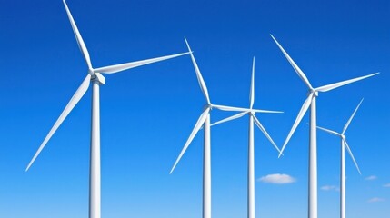 Fototapeta premium Five White Wind Turbines Against Clear Blue Sky with Clouds