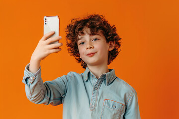 A young boy is taking a selfie with his cell phone. He is smiling and looking at the camera.