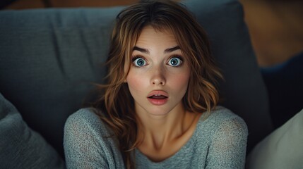 Obraz premium Close-up of a young woman indoors with a surprised and frightened expression, capturing emotions of shock and fear in a modern setting.