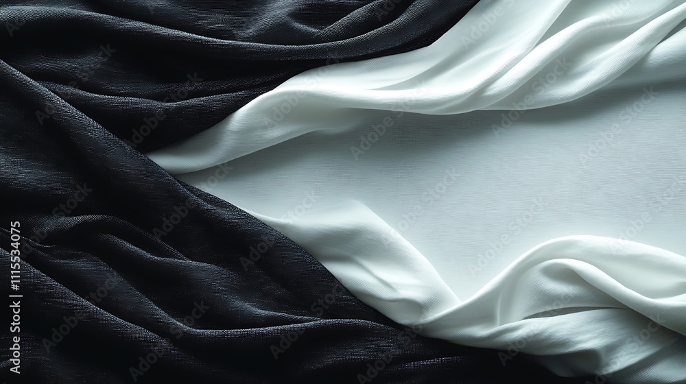 Poster black and white fabric draped elegantly, creating a sophisticated background with copy space.
