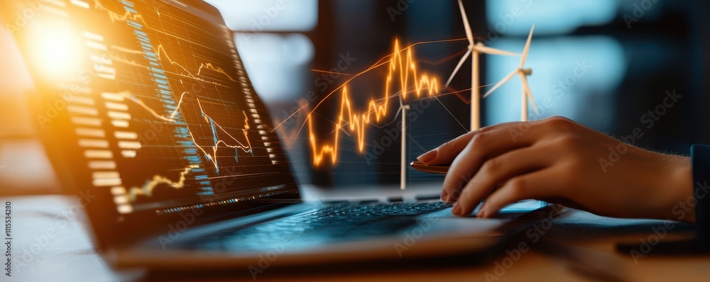 Aufkleber hand interacting with laptop displaying data analytics and wind turbines