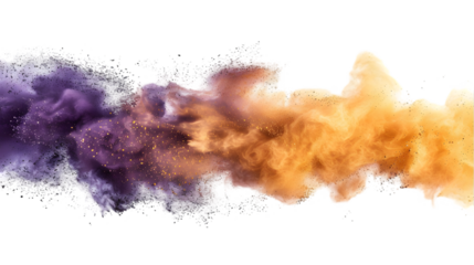 Purple, Gold, Golden colours powder exploding isolated on a transparent background