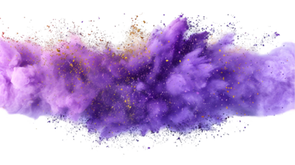 Purple, Gold, Silver colours powder exploding isolated on a transparent background