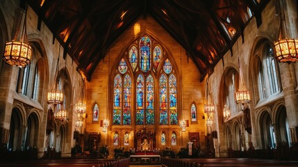 Obraz premium Majestic Cathedral Interior with Stained Glass Windows and Ornate Lighting
