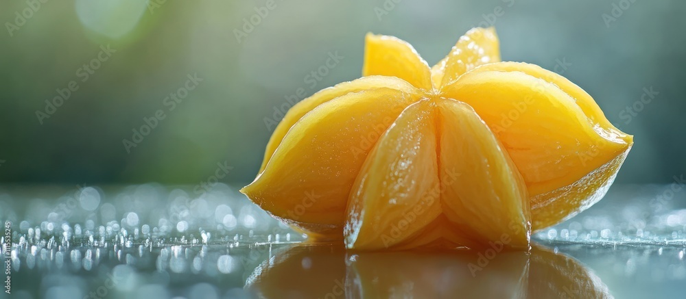 Poster close-up of a ripe starfruit on a shiny surface with bokeh background.