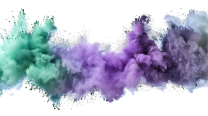 Purple, Grey, Green colours powder exploding isolated on a transparent background