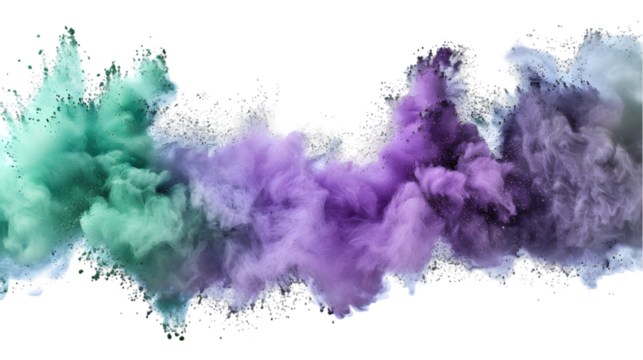 Purple, Grey, Green colours powder exploding isolated on a transparent background