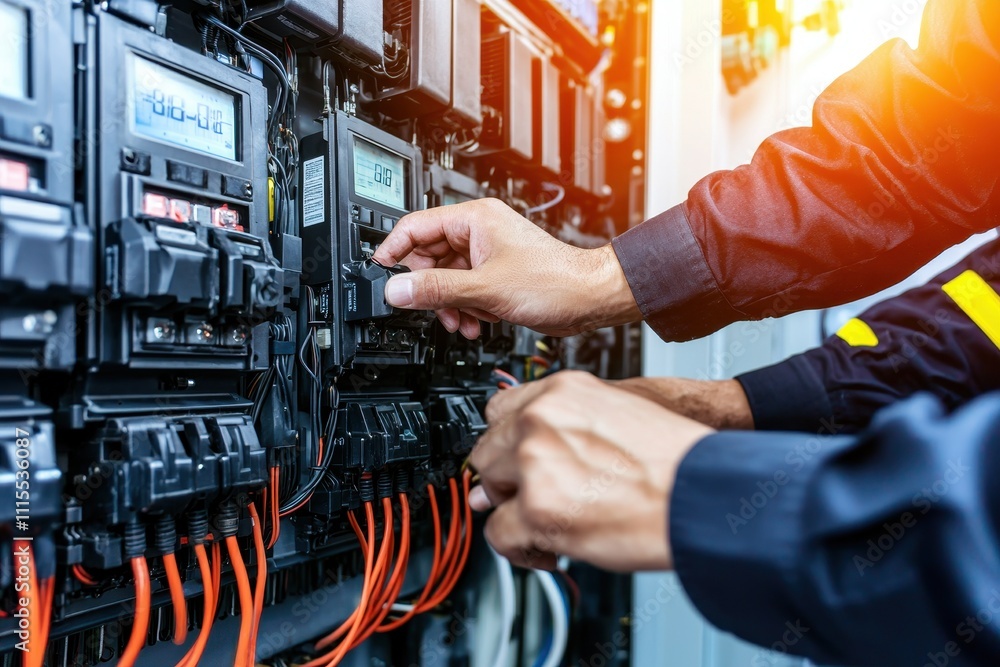Poster technicians working on electrical meters in control room setting
