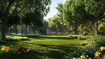 Obraz premium A serene forest landscape with vibrant flowers and sunlight filtering through the trees.