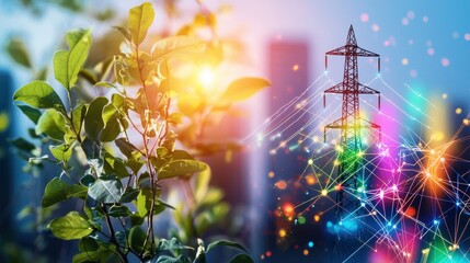 Modern Cityscape with Electricity Tower and Green Plant Life