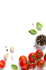 Fresh red tomatoes, pepper and basil on white background, top view