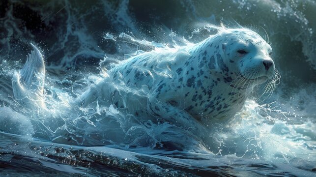 Winter season. The Legendary Winter Creatures . A selkie emerging from the ocean's depths, its shimmering seal skin transforming into a human form as it steps onto the shore.