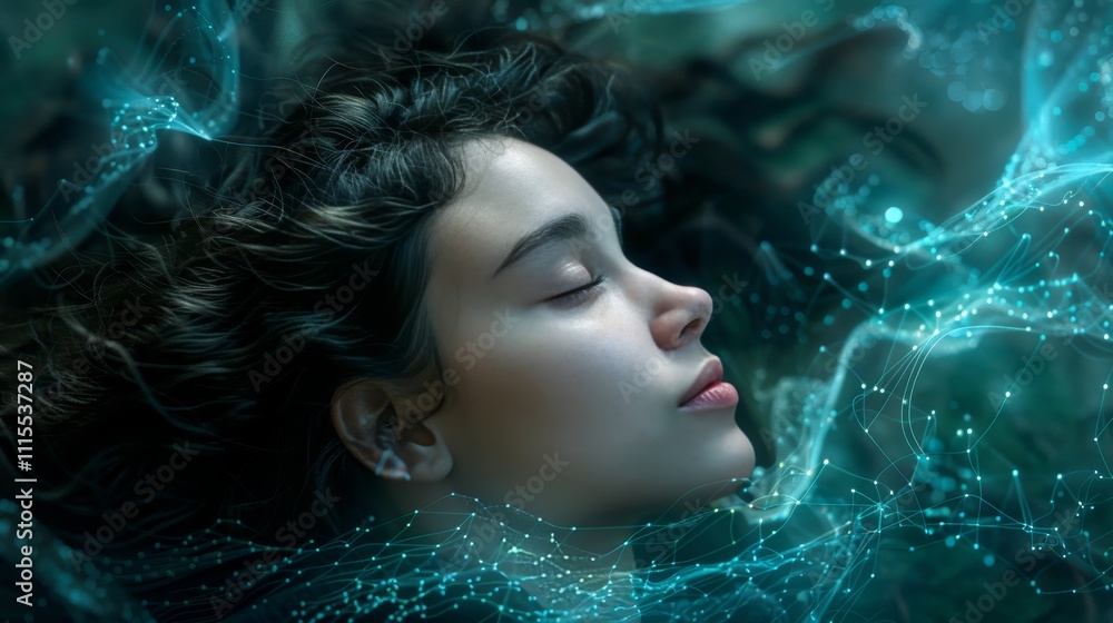 Poster futuristic digital portrait showcasing a human face with glowing neural lines and ai integration