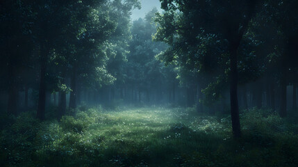 Fototapeta premium Misty forest clearing captures a serene atmosphere during early morning light