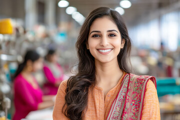 indian woman standing at textile factory confidently