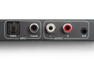 Obraz premium Connectors for connecting audio devices. Toslink, coaxial, RCA and mini-Jack. Digital-to-analog converter interface.