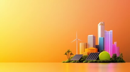 Modern City Landscape with Solar Panels and Wind Turbines at Sunset