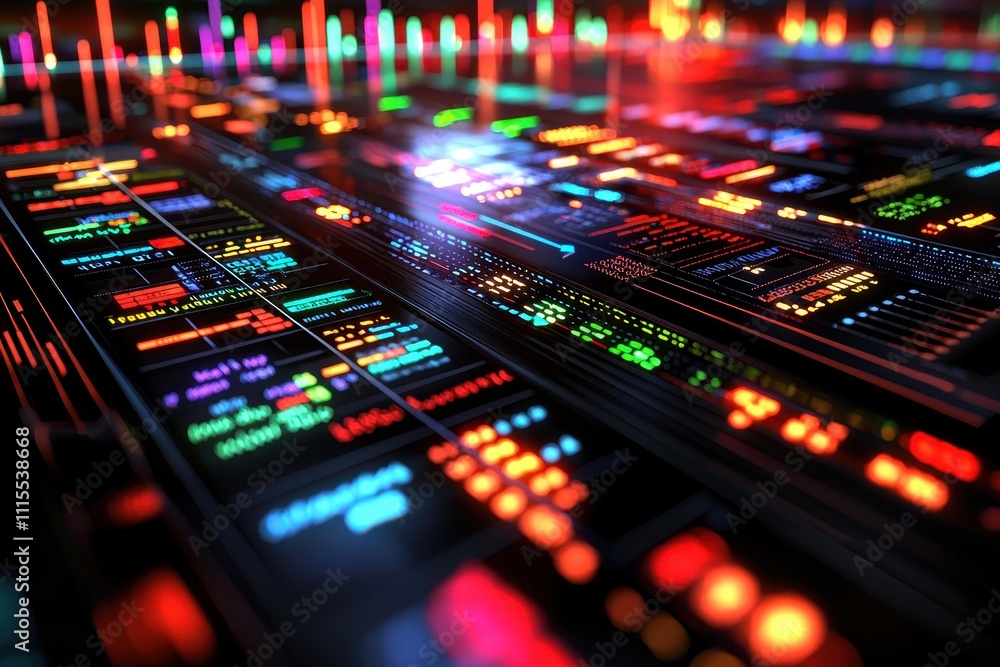 Poster colorful abstract digital background with bright lights and data patterns