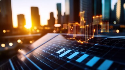 Sunset over cityscape with financial data visualization concept