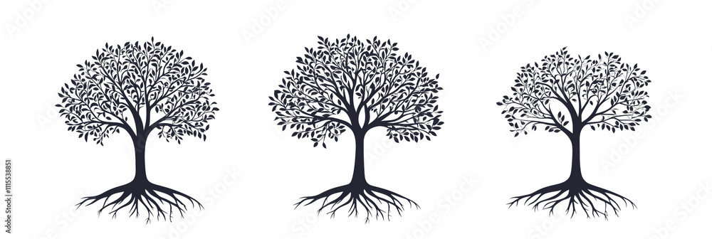 Poster tree silhouettes with intricate leaf patterns and roots, three distinct designs showcasing nature's 