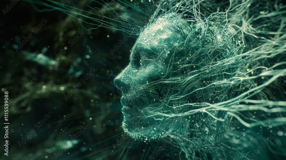 Poster futuristic digital portrait of a human face with glowing neural lines representing ai and technology