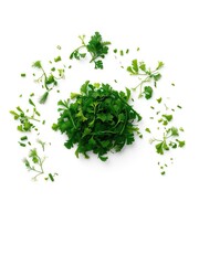 Obraz premium A bunch of chopped parsley and dill arranged in a decorative pattern on a white surface , artistic garnish , kitchen decor