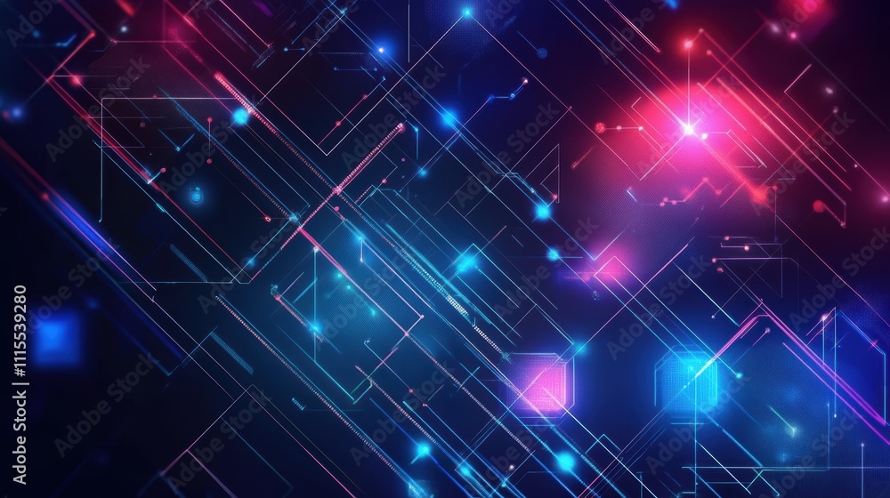 Poster abstract digital network connection, glowing lines and nodes.