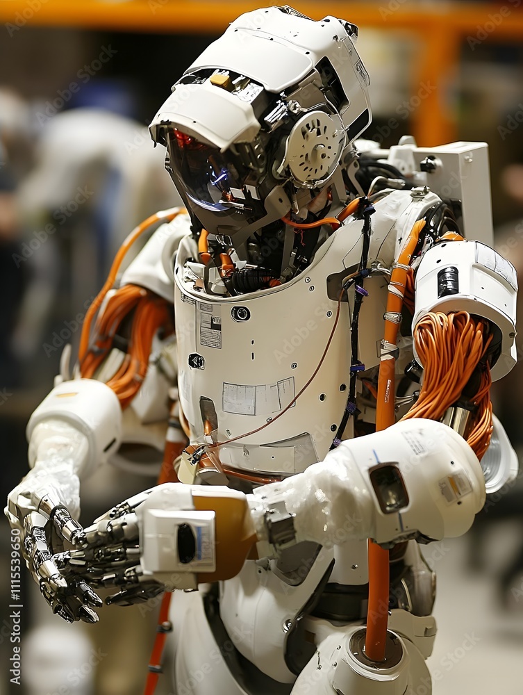 Poster a humanoid robot with intricate wiring holds a device, showcasing advancements in robotics.