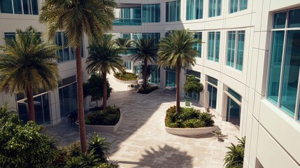 Human Centric Urbanism Concept , Sleek Urban Courtyard with Lush Tropical Landscaping in Modern Commercial Complex