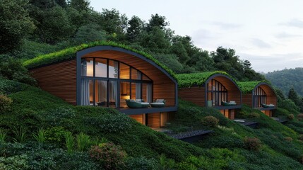 Fototapeta premium Human Centric Urbanism Concept , Eco Friendly Hillside Dwellings Harmonizing with Lush Natural Landscape