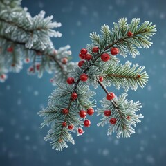 A delicate fir branch with small red beads and snowflakes against an icy blue background, filigree on fir tree, red fir berries