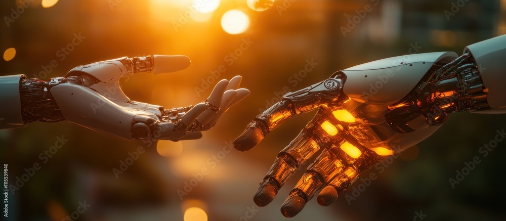 Aufkleber two robotic hands reaching out to each other in a gesture of connection against a blurred background